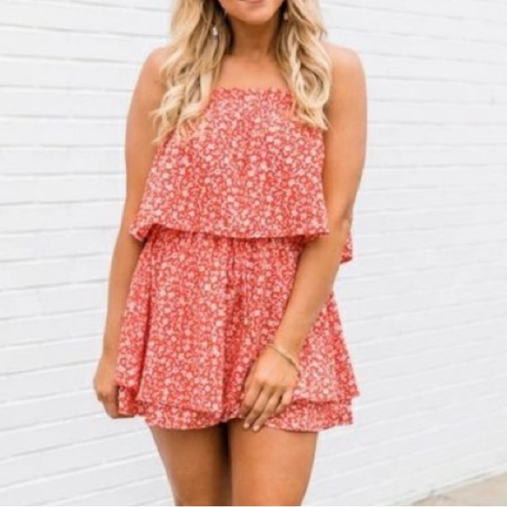 Red and White Floral Pink Lily Romper Flowy